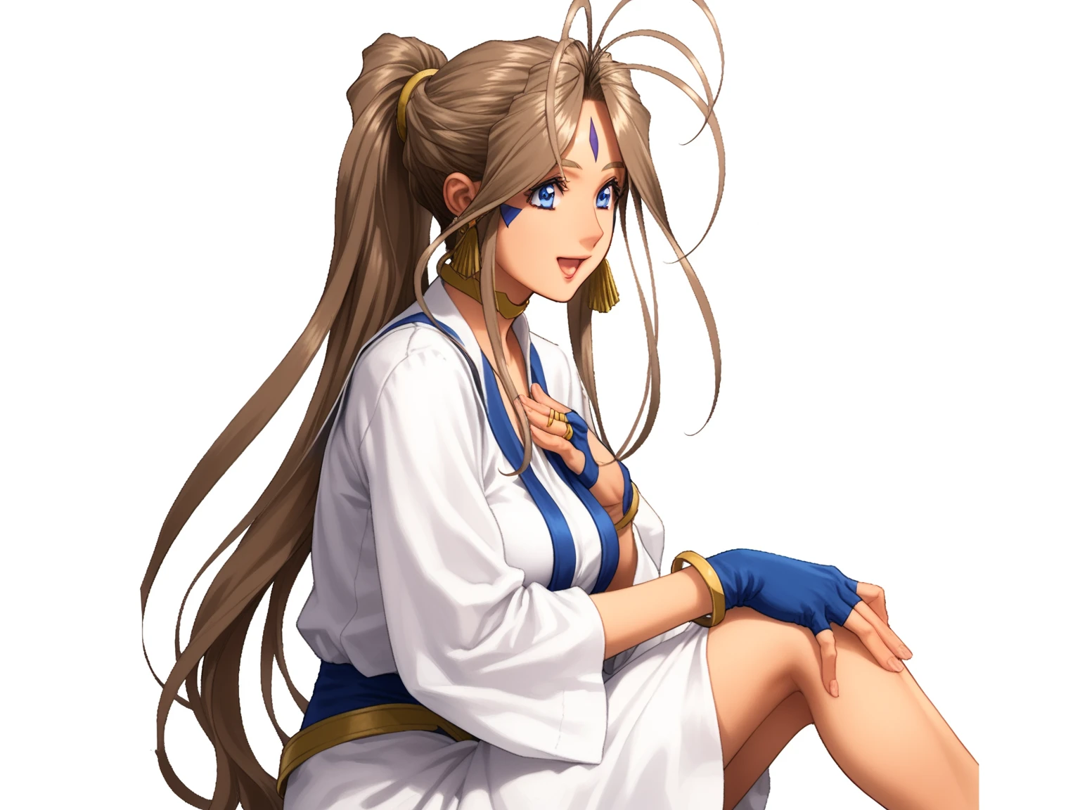 sfw, 1goddess, solo, (priestess, priestess short-neck dress), (short-neck), long sleeves, ((Blue Trimmed Dresses, Blue-Trim)), shiny, shiny white skin, (closed front clothes:1.6), calm smile, open mouth, open palm, right_hand on hip, left_hand on chest, bend one's knees, 
BREAK, Lovebell-SDXL, Belldandy, long ponytail, brown hair, blue eyes, gold choker, ((fingerless blue_short_gloves)), bracelet, earring, wedding_silver_ring on lefthand_ringfinger, gold anklet, (elegant mature woman), safety, tranquility, 
BREAK, simple background, transparent background, 
BREAK, (masterpiece:1.2), (best quality), (ultra detailed), (realistic), portrait, dramatic lighting, ((sharp focus, sharp detail)), score_9, score_8_up, score_7_up, score_anime, detailed eyes, detailed eyelashes, extremely detailed face, sharp detailed lips, detailed hand, 
BREAK, cowboy shot, sitting, dynamic angle, from side, 