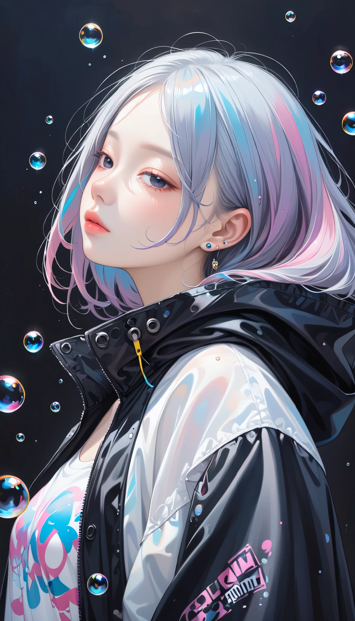solo, 1girl, purple eyes, purple hair, bubble, looking at viewer, portrait, half-closed eyes, short hair, closed mouth,shiny bubbles,bubbles, colour shining in bubble, reflective bubbles,bubbles ,bubbles all around, turning into bubble