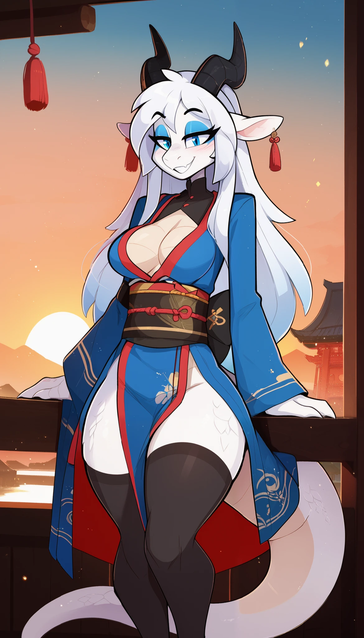 masterpiece, best quality, seductive expression, 1girl, anthro, white scales, white body, dragon girl, dragon ears, animal nose, eyes makeup, blue eyes, dragon tail, white hair, long hair, straight hair, half-closed eyes, medium breasts, thick thighs, hips, solo, (japanese temple), (sunset), detailed, (blue kimono, black stockings), cute grin, (kilinah), light particles, score_9, score_8_up, score_7_up, score_6_up, score_5_up, score_4_up