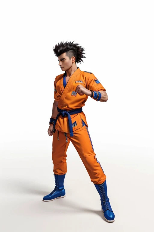 masterpiece, best quality, ultra detailed highres, 8k, extremely detailed CG,  photorealistic,  realistic skin texture , One young man ,  toned body, Black Hair, medium hair, spiked hair, orange karate uniform, blue band on the waist , Blue Boots