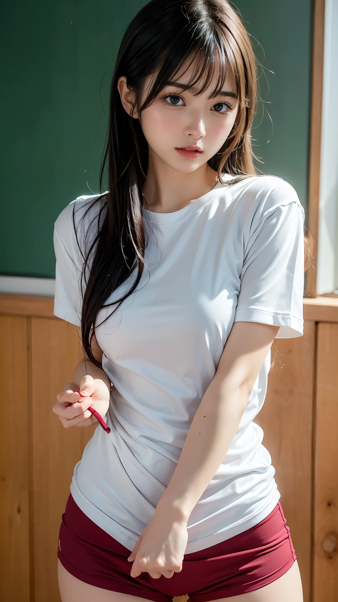 Realistic, high resolution, 1 girl, UWU, ponytail white hair, Korean, blue eyes, white short sleeves, skinny jeans, lively, school