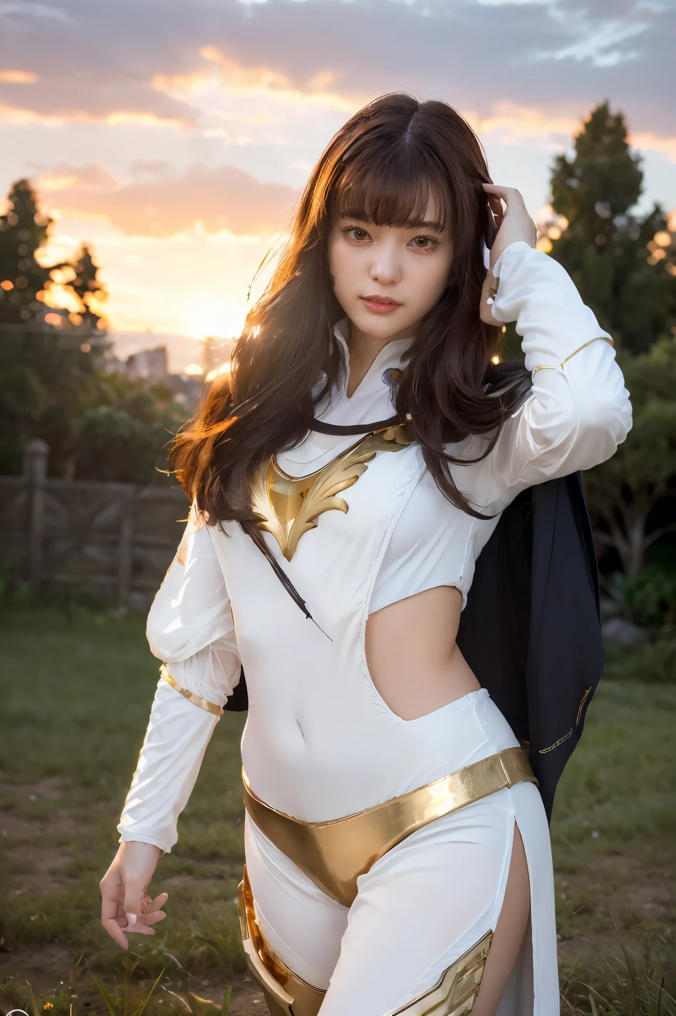 ((masterpiece, best quality, extremely detailed), volumetric lighting, ambient occlusion, colorful, glowing), 1girl, solo, young girl, (dark hair), long hair, ranger suit, hunter class dnd, cloak, (white outfit with gold detailst:1.3), armor, outdoors, sunset, sky, clouds, space, (fantasy theme:1.2),