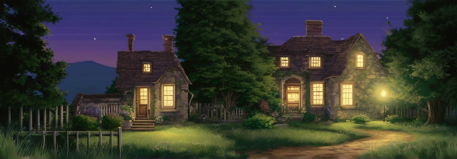 Exterior of an old, elegant homestay at midnight, with a touch of vintage charm. The house is large and historic, made of weathered stone with delicate, timeless details. The windows glow gently, casting a soft, inviting light against the dark, clear night sky. The garden is peaceful and well-kept, with tall trees, manicured hedges, and flowers softly visible under the cool, serene light of the moon. The scene is draw as an old lucar arts adventure game background, high detail, capturing a quiet, tranquil atmosphere. The lighting is soft and atmospheric, with the moon high above, casting a gentle, cool glow over the surroundings. Style: realistic, cinematic, high detail. lcas artstyle . old graphic adventure sytle, lucas arts