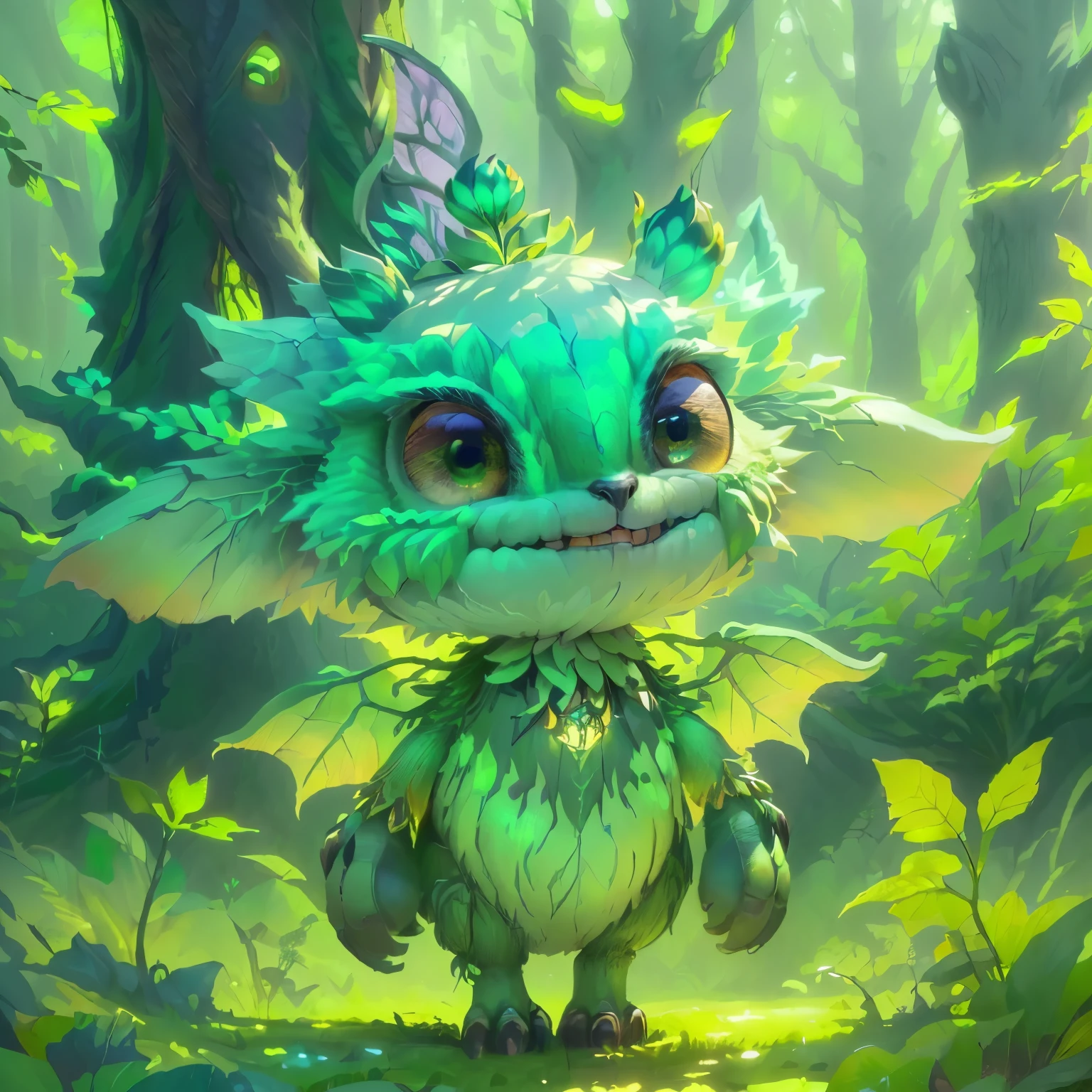 a close up of a green monster with big eyes in a forest, cute detailed digital art, cute forest creature, adorable digital painting, adorable glowing creature, rens art in artstation, portrait of a cute monster, cute digital art, detailed digital 2d fantasy art, detailed fantasy digital art, 4k detailed digital art, wojtek fus, wow 4 k detail fantasy