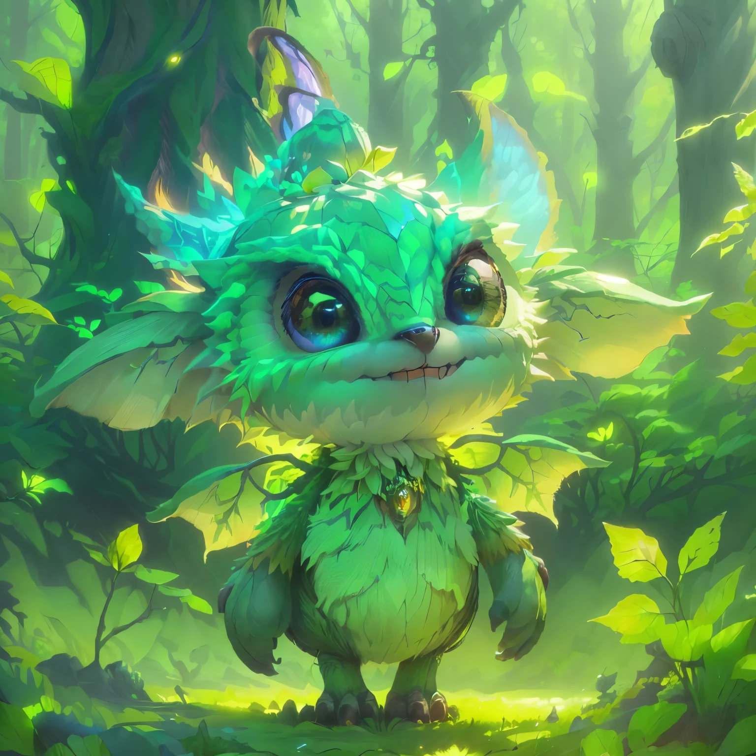 a close up of a green monster with big eyes in a forest, cute detailed digital art, cute forest creature, adorable digital painting, adorable glowing creature, rens art in artstation, portrait of a cute monster, cute digital art, detailed digital 2d fantasy art, detailed fantasy digital art, 4k detailed digital art, wojtek fus, wow 4 k detail fantasy