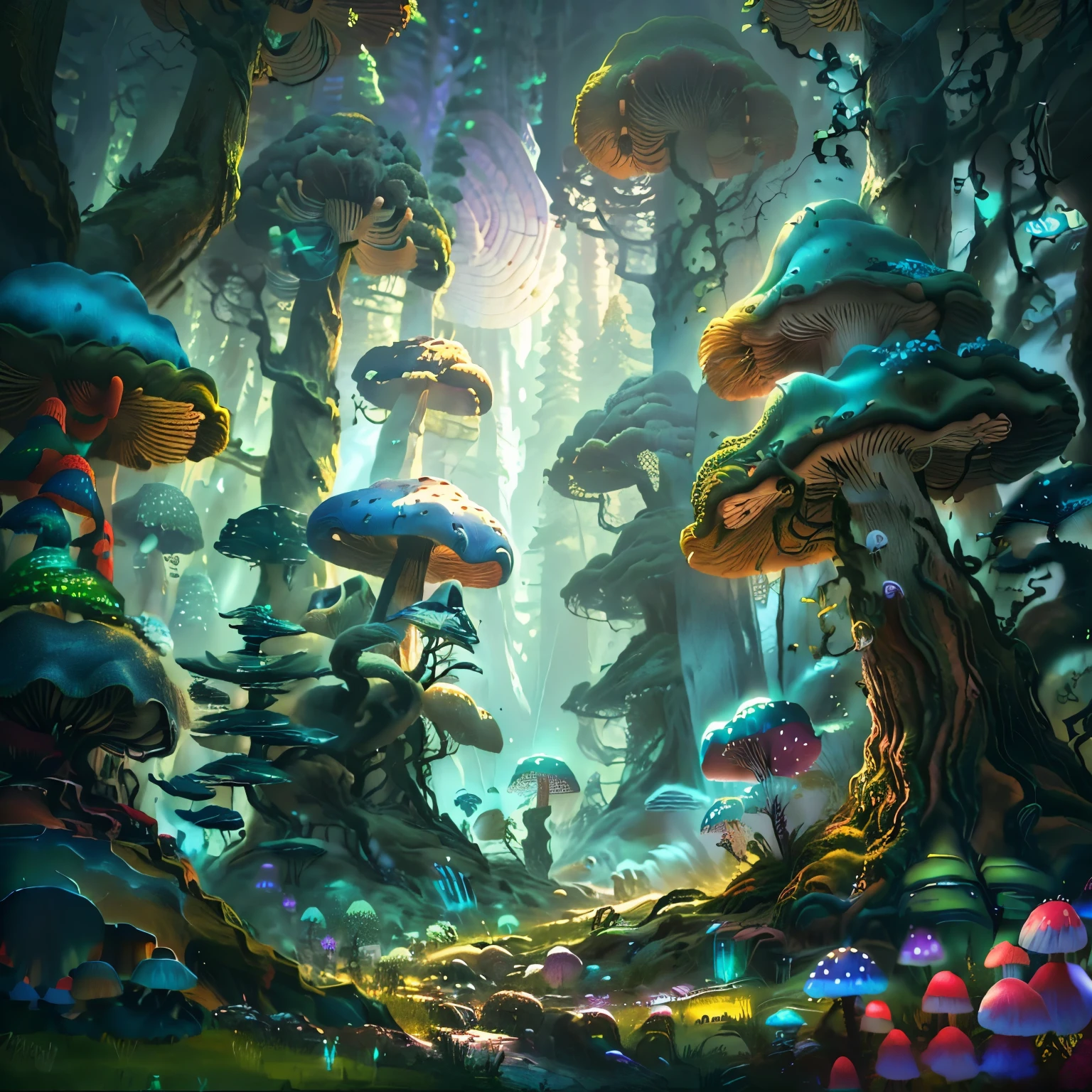 a man standing in a forest with mushrooms and trees, mushroom forest, mushroom city, cyber mushroom city, magical fantasy forest, magic mushrooms, mushroom trees, wide angle fantasy art, magical forest, magic fairy forest, fantasy forest, enchanted magical fantasy forest, magical forest backround, trippy art, fairy forest, magic mushroom, psychedelic mushrooms dream, magic forest, a fantasy forest