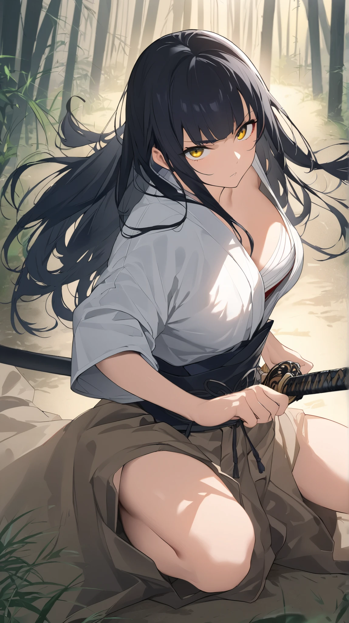 picture of a female samurai with a sword removed from the scabbard , 8k Ultra HD , soft lighting, High Quality , film grain , Fujifilm XT3、最 High Quality , masterpiece, high definition , Samurai Girl, I have a Japanese knife, beautiful posture,Moonlit Night,bamboo forest,chest, 1 girl, high definition , shortcuts,Tall、Handsome beauty 、samurai、 Japanese Knife 、 adult woman、A beautiful woman in men's clothing、Alone, Woman in her early 20s、 is cool、Mature atmosphere、 turning your gaze , illustration , wrapped in a tall adult woman 、Medium to medium height ,Japanese Sword 、There is murderous intent.,The number of fingers is accurate (5 bottles),Japanese longsword, on all fours,Iaido, Iai Kari,Close up, Long Sleeve ,The length of the blade of the sword holding the hand ,No hands ,I don't draw hands,Black Scabbard,Put one knee on the ground, textured skin , Spread Your Legs, with sarashi wrapped inside a kimono,underwear( sarashi), clavicle , white kimono, has multiple swords in her sleeve, long hair, black hair, Ahoge,High concentration ,Serious personality, golden eyes, Breathing through the mouth ,Contemptuous eyes, Contempt/Angry Gaze, Crazy Eyes, Battle Mode,1 thick, long Ahoge, split bangs,Golden Eyes,Shiny black hair , with smooth black hair ,