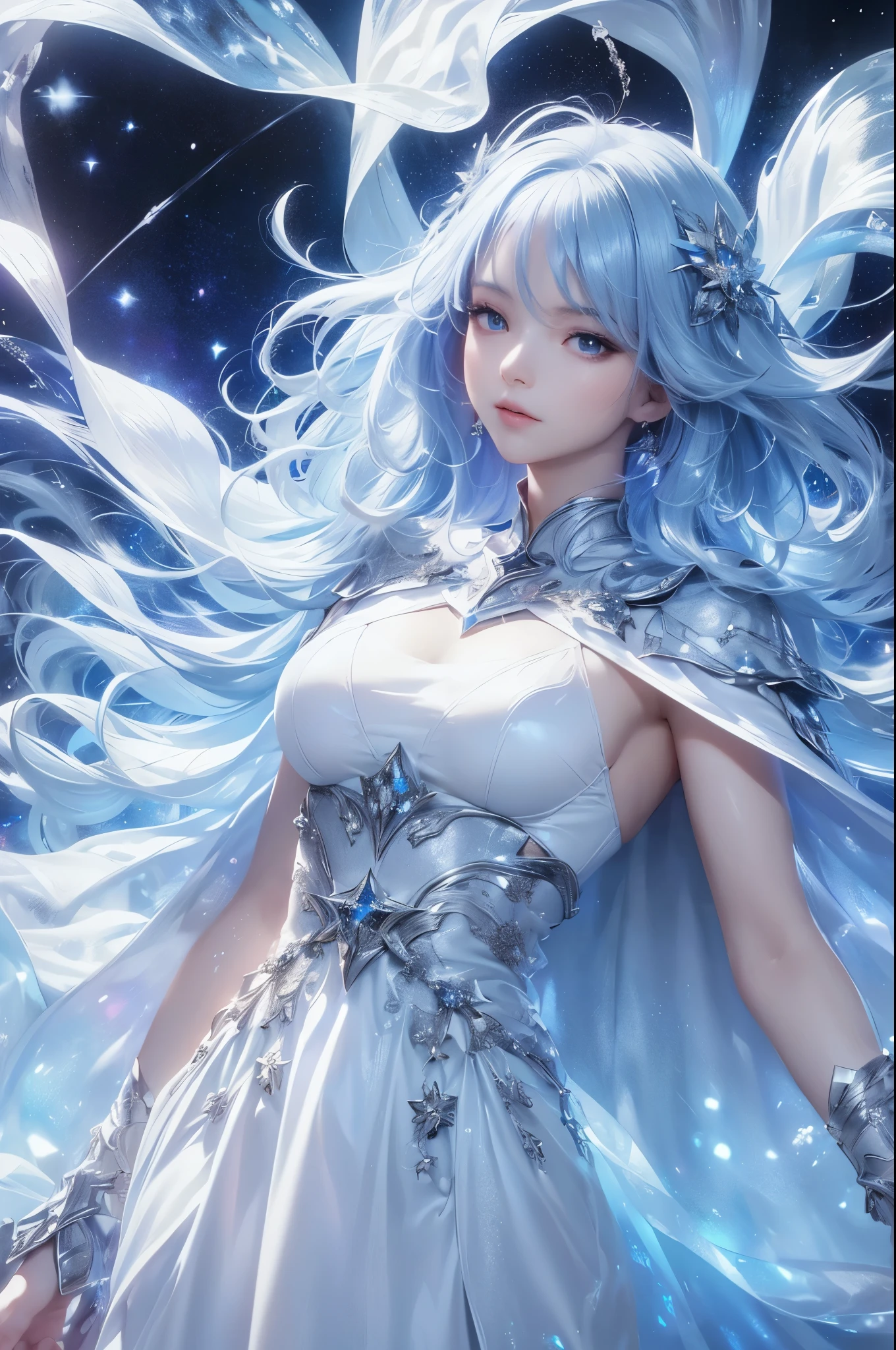 Wearing a blue dress、Pink haired woman，Cat ears，ice crystals，Ice World，Crystal Clear，blue eyes，beautiful girl，mysterious，Sparkling