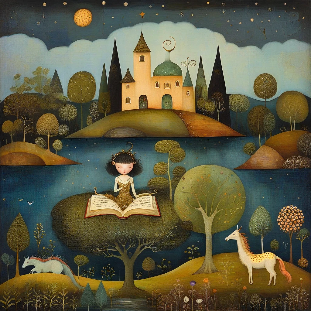 Patchwork by Klimt, Nicoletta Ceccoli, Naoto Hattori, Catrin Welz-Stein, Leonora Carrington of wide shot of a woman sitting on a small island, engrossed in a book, surrounded by enchanting elements. Other small islands feature (majestic) dragons, whimsical fairy castles, leaf-like trees, female knights in shining armor, and graceful winged horses. The atmosphere is (tranquil) with vibrant details, lush greenery, and a softly glowing sky, creating an enchanting fantasy world, ultra-detailed and immersive.
