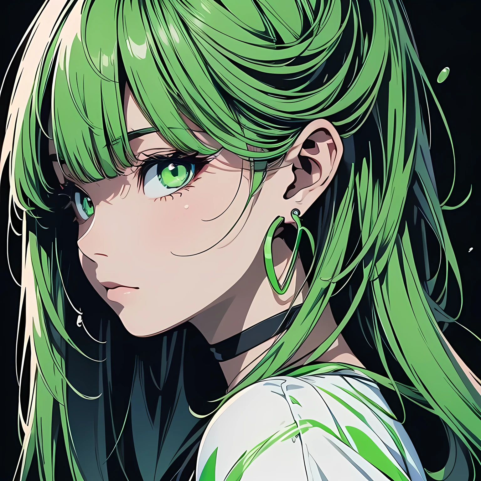 masterpiece, very aesthetic, best quality, 4k, wallpaper, solo, 1 girl, japanese girl, 20 yo, attractive face, cool face, close-up shot, vibrant hues, outstanding color sense, flat color, green theme, abstract background color, background color emphasizing character, smooth skin, strong contrast, no unnecessary complexity, simple and sharp line art, thick outline, cartoon style, anime style, semi-realistic profile, a melancholy expression, slightly mysterious, emerald eyes, perfect eyes, eye details with a touch of realism, half-open eyes, one length hair, colored inner hair, silver hair, neon green hair, straight and sharp drawing, large hoop earrings, white shirt, chic, elegant, splash paint background