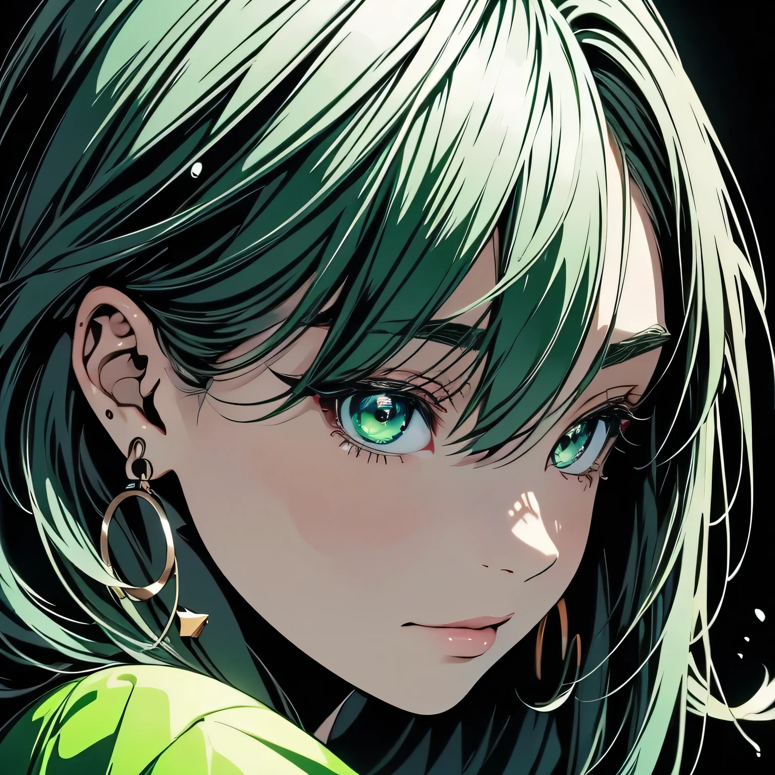 masterpiece, very aesthetic, best quality, 4k, wallpaper, solo, 1 girl, japanese girl, 20 yo, attractive face, cool face, close-up shot, vibrant hues, outstanding color sense, flat color, green theme, abstract background color, background color emphasizing character, smooth skin, strong contrast, no unnecessary complexity, simple and sharp line art, thick outline, cartoon style, anime style, semi-realistic profile, a melancholy expression, slightly mysterious, emerald eyes, perfect eyes, eye details with a touch of realism, half-open eyes, one length hair, colored inner hair, silver hair, neon green hair, straight and sharp drawing, large hoop earrings, white shirt, chic, elegant, splash paint background