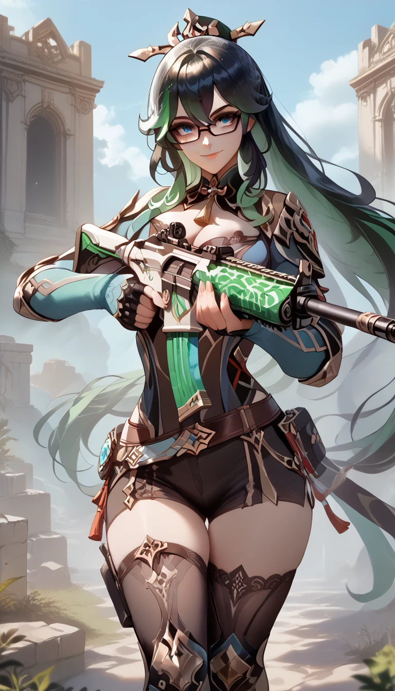 1girl, xianyun \(genshin impact\), ((masterpiece)), (best quality), (highres), aqua eyes, 16K, very long hair, green hair, black hair, multicolored hair, colored inner hair, wearing glasses, wearing tactical clothes, tactical belt, black panties, thighhighs, knee pads, busty body, large breasts and a beautiful ass, showcasing cleavage, legs, hips, (holding assault rifle), looking at viewer, smiling, detailed face, detailed hair, detailed full body, ruins background