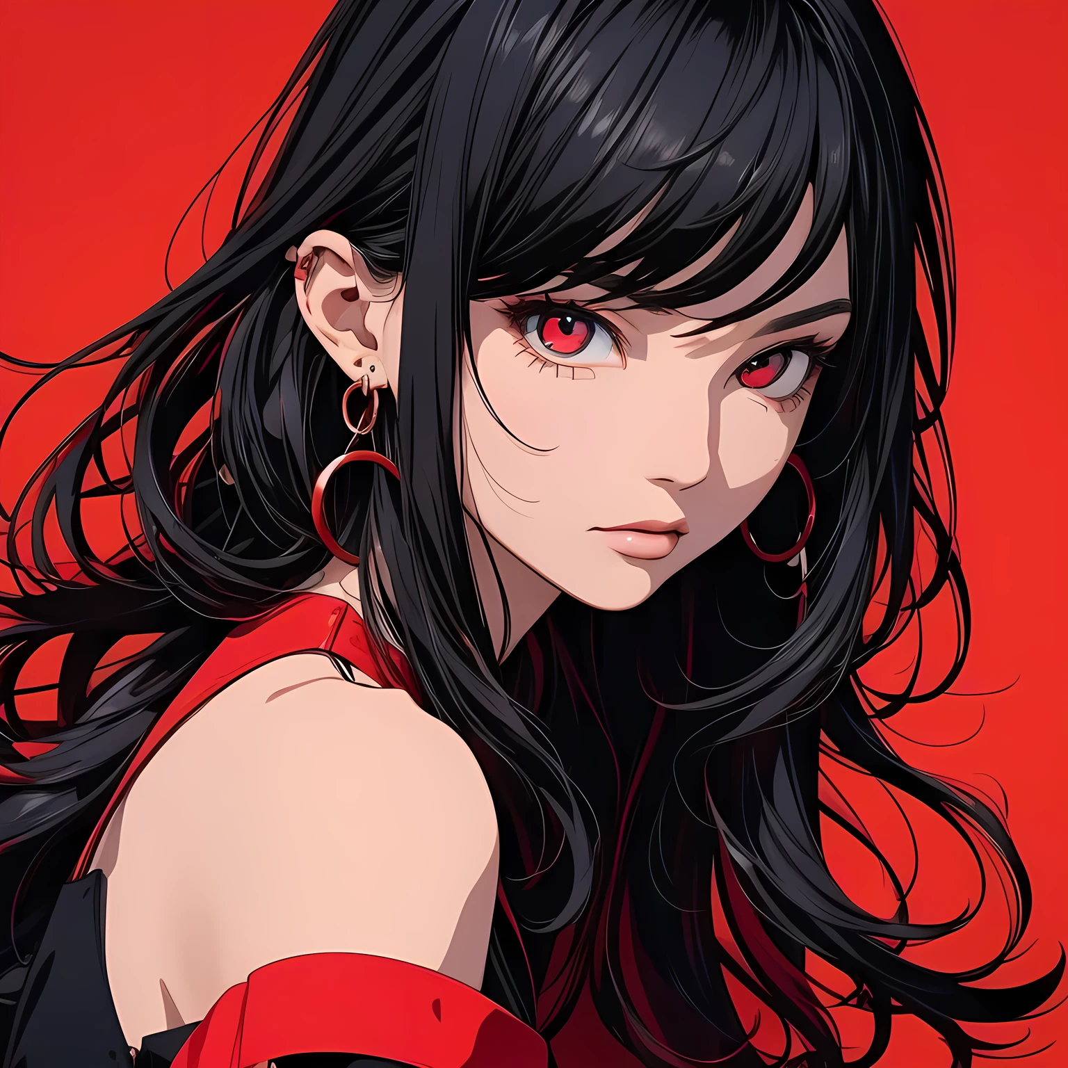 masterpiece, very aesthetic, best quality, 4k, wallpaper, solo, 1 girl, japanese girl, 20 yo, attractive face, cool face, close-up shot, vibrant hues, outstanding color sense, flat color, red theme, abstract background color, background color emphasizing character, smooth skin, strong contrast, no unnecessary complexity, simple and sharp line art, thick outline, cartoon style, anime style, semi-realistic profile, a melancholy expression, slightly mysterious, crimson red eyes, perfect eyes, eye details with a touch of realism, half-open eyes, one length hair, colored inner hair, black hair, red hair, straight and sharp drawing, large hoop earrings, black shirt, chic, elegant, white background