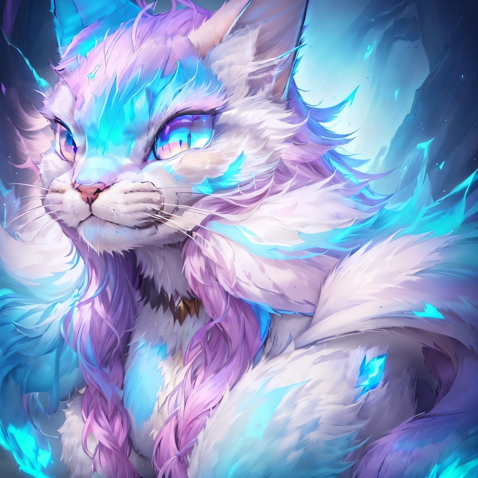 there is a cat with a pink and blue mane and blue eyes, furry fantasy art, very very beautiful furry art, ahri, portrait of ahri, furry art, adorable digital painting, furry art!!!, anime cat, warrior cats fan art, 4k highly detailed digital art, 4k detailed digital art, cute detailed digital art, furry digital art