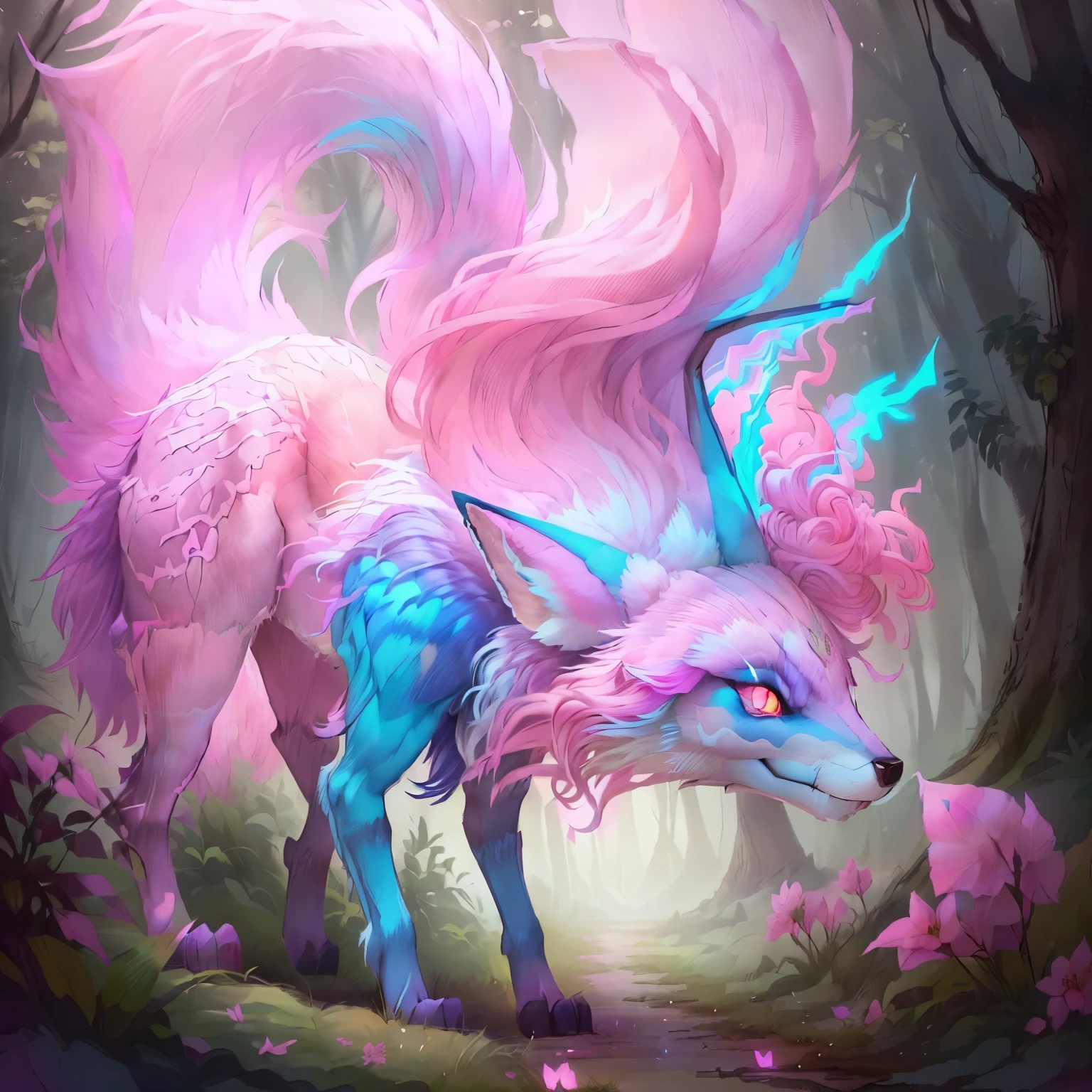 there is a pink and blue animal with long hair in the woods, ethereal fox, pink fox, furry fantasy art, fantasy creature, mythical creature, mizutsune, three - tailed fox, beeple and jeremiah ketner, kitsune three - tailed fox, fantasy fox love, cute detailed digital art, forest spirit, vibrant fantasy style, cute forest creature