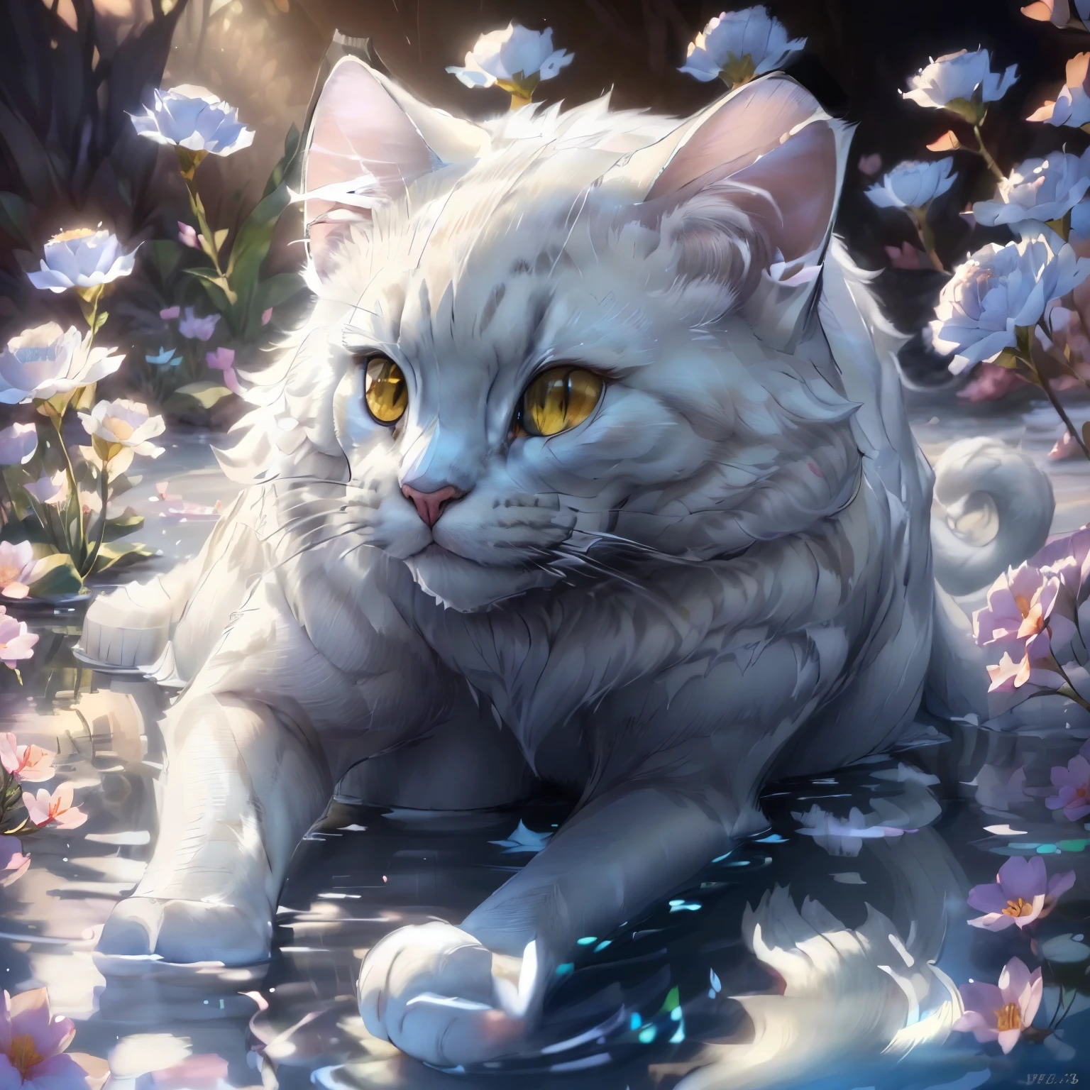 there is a white cat that is laying down in the water, cute detailed digital art, adorable digital painting, 4k highly detailed digital art, furry fantasy art, realistic anime cat, hyperrealistic fantasy art, 4k detailed digital art, beautiful digital artwork, liquid cat, anime cat, detailed painting 4 k, 8k high quality detailed art, white cat