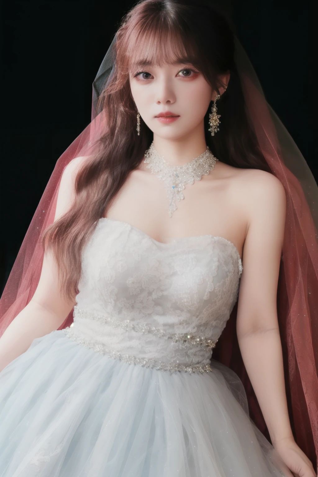 masterpiece,  high quality,1 Girl, Half-sleeveless dress , Bridal Veil, Lace, choker,earrings, Lace白色丝袜,   blush,Standing, knee， split lips , 
