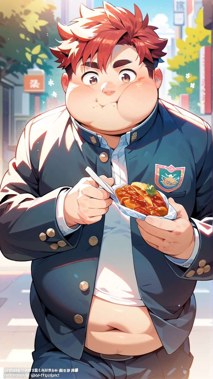 comedy anime style, one boy, (male ), cute, fat, belly button exposed, school uniform, face blushed, walking on a street, red hair color, eating snacks, feeling hot