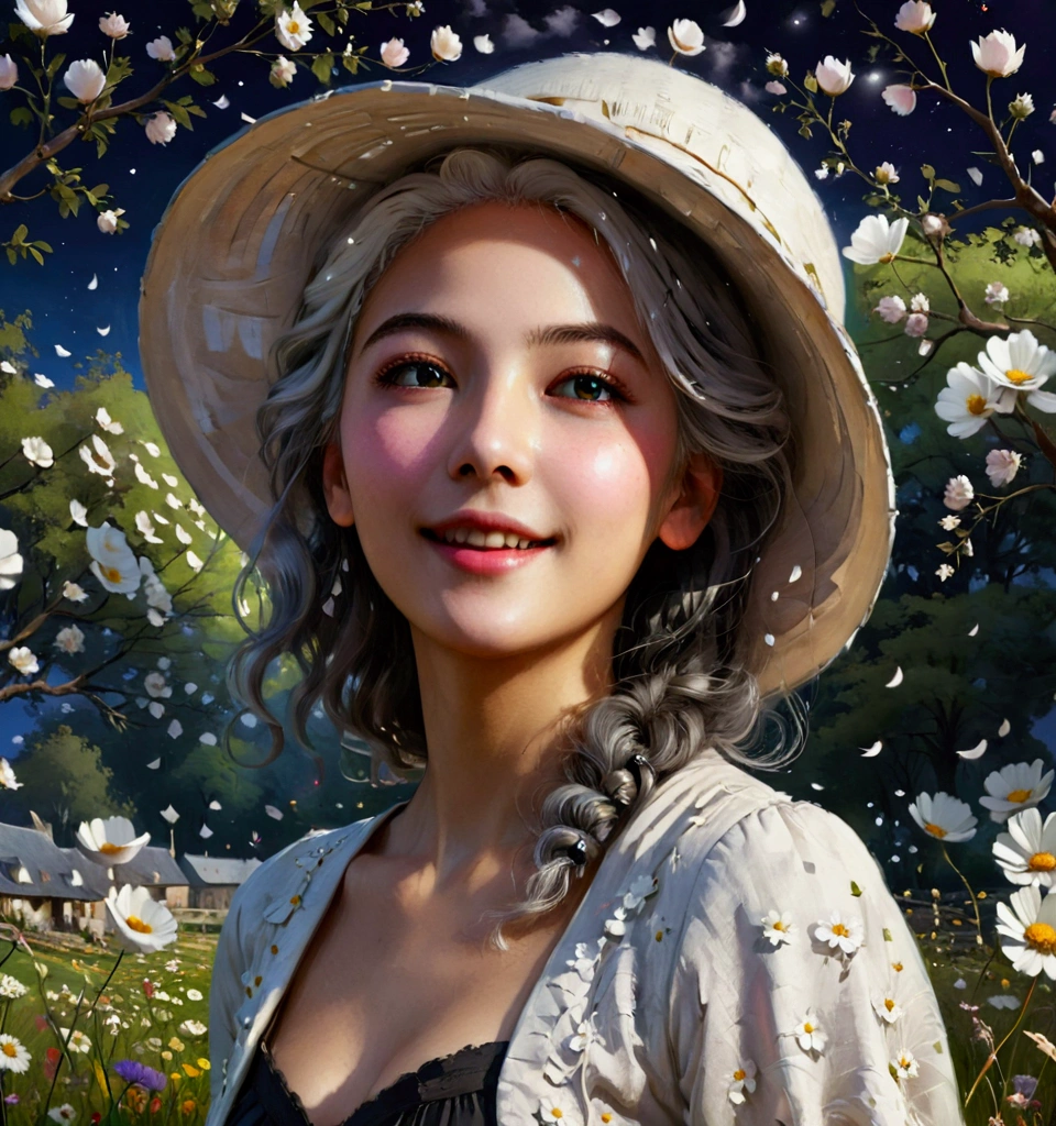 masterpiece,  best quality, 1 Girl, ( Colourful ),( A beautifully detailed eye and detailed face),cinematic Lighting,bust, extremely detailed CG unity 8k wallpaper,White hair, unique , Smile,Complex skirt,((Flying petals)),( blooming meadows) Sky, partly cloudy_Sky, architecture, moonLight, moon, night, (DARK THEME :1.3), Light, fantasy,