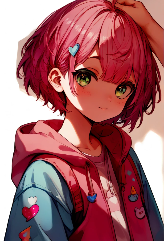 1boy , pink hair,short hair,blue green eyes,cute ,standing ,with softboy outfit,Bangs, pink hoodie,blue short plantsMultiple Views, 