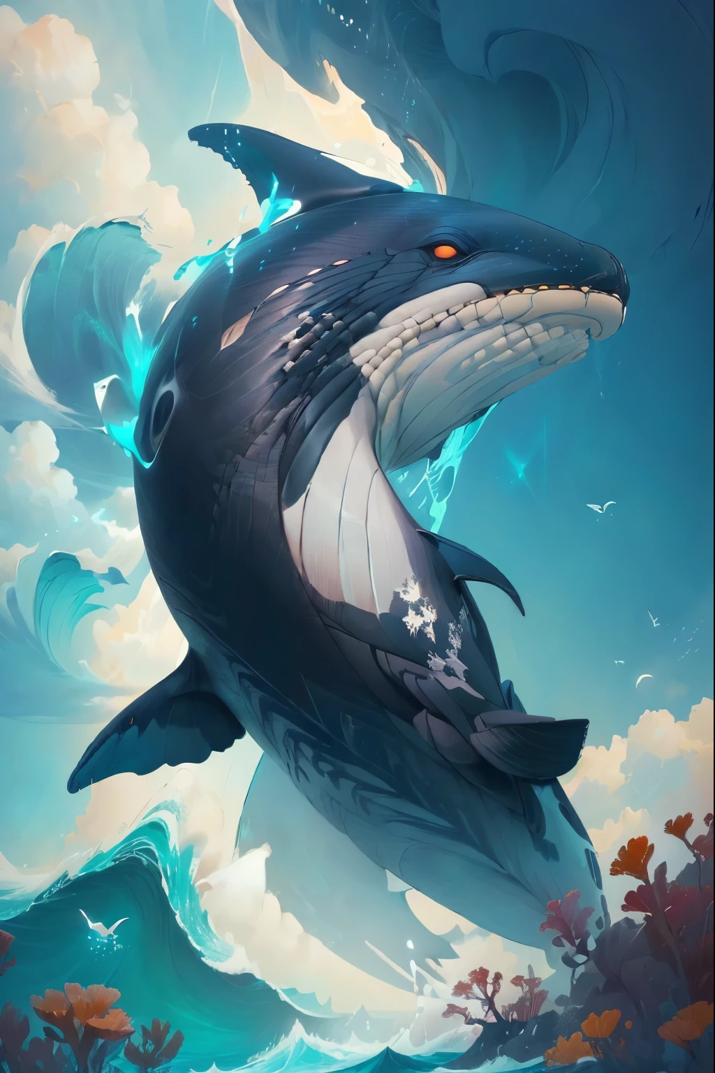 there is a whale that is jumping out of the water, inspired by Cyril Rolando, in style of cyril rolando, whale fall, cyril rolando and goro fujita, jen bartel, 4 k hd illustrative wallpaper, concept art wallpaper 4k, atey ghailan 8 k, stunning digital illustration, flying whale, makoto shinkai cyril rolando