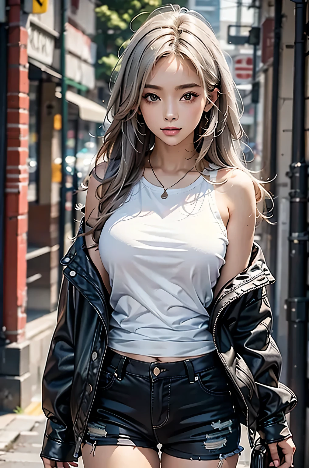 ((masterpiece:1.5、8k、Portraiture、Photorealistic and very detailed CG、Very detailed、Particle Effects、Dynamic Effects、Written boundary depth、Cinematic Light、Lens flare、Ray Tracing、Tabletop、Realistic:1.4、Ultra-high resolution:1.2, hair focus)). 1girl, white hair, medium breasts, detailed face, sweet girl, casual fashion. tank top shirt, jacket, short pants.