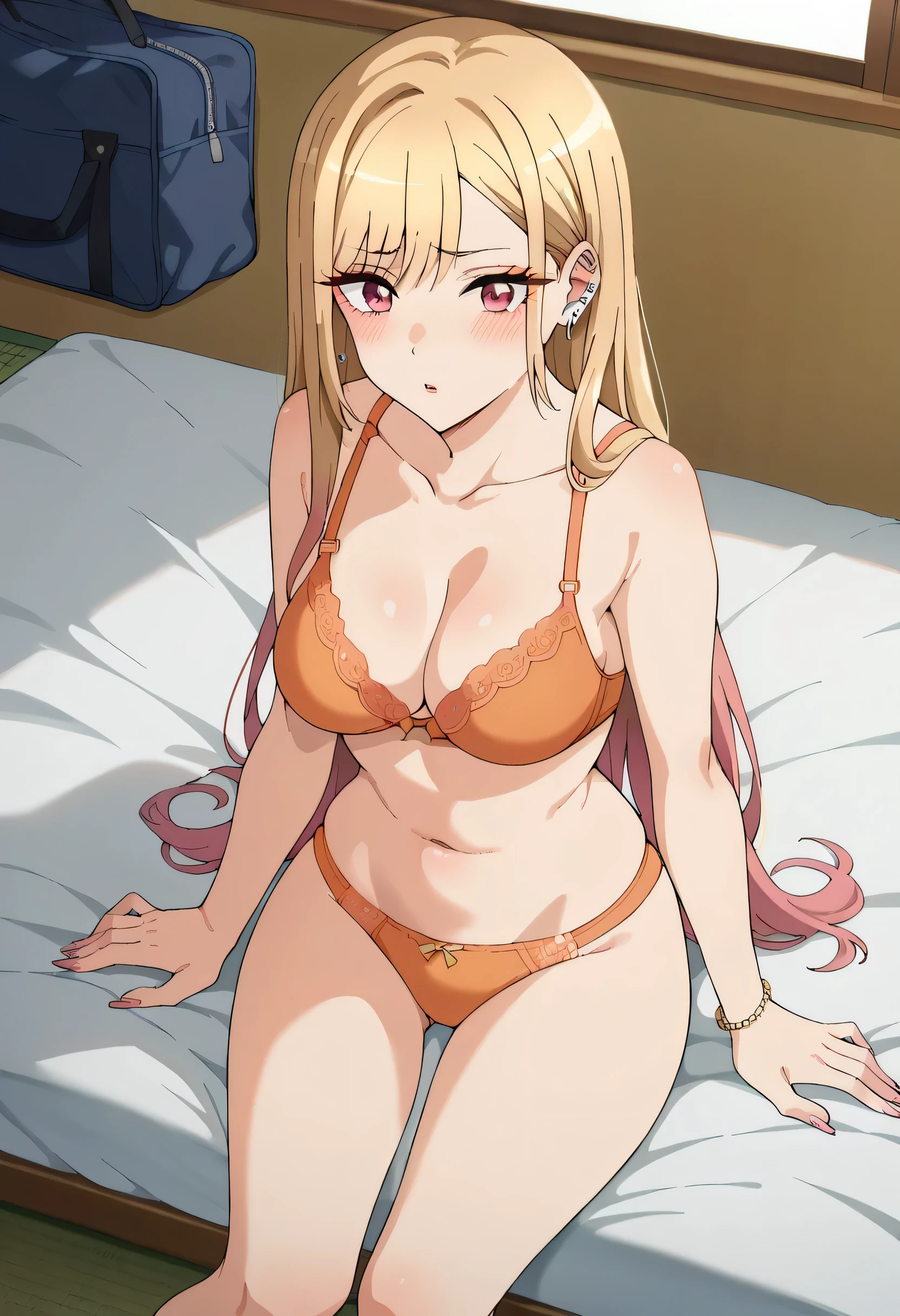 kitagawa_marin, multicolored hair, blonde hair, long hair, magenta eyes, ear piercing, earrings, pink nails, makeup, multicolored hair, medium breasts, rounded breasts, blush, MULTICOLORED HAIR, marin kitagawa, KitagawaMarin, orange bra, orange panties, sitting