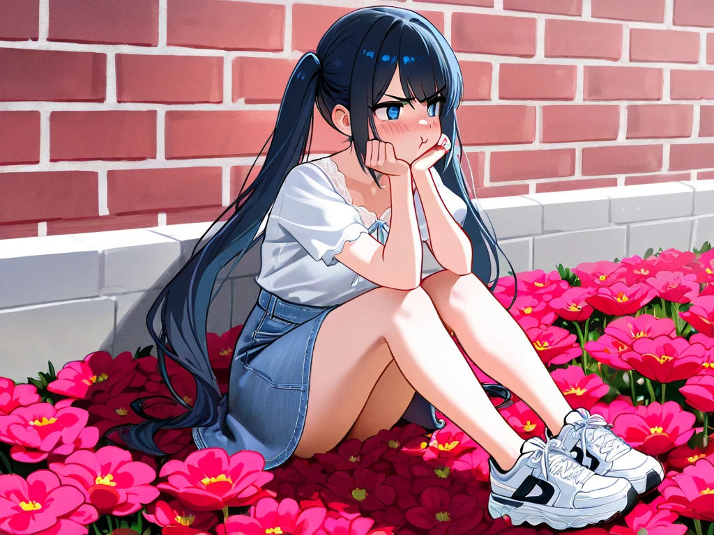 Line drawing, a girl of about , with black hair in twin tails, accentuated corners of the eyes, royal blue eyes, the color of the eyes is below the line drawing, wearing a black lace-trimmed seersucker blouse, a light blue short skirt made of denim, wearing boy's sneakers, looking diagonally away, looking in the direction of the camera, embarrassed, a little angry and pouting, five fingers and two legs, as if the invisible parts are connected properly, sitting on the edge of a flower bed in front of a red brick wall, with her chin resting on her hand,