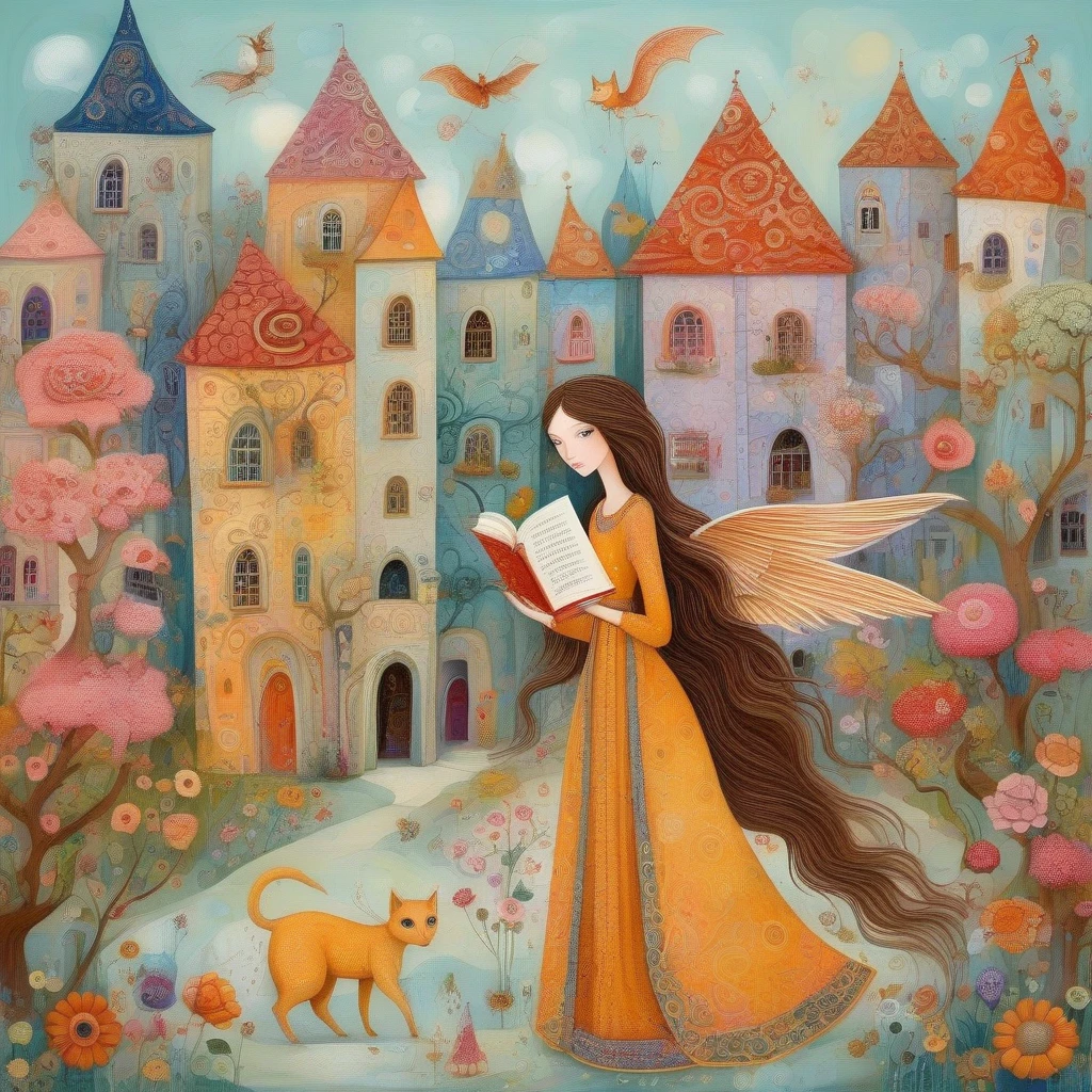 Naive art, Style By Beatriz Milhazes, Ann Telnaes, Julie Arkell, Sam Toft, Dina Wakley, Elisabeth Fredriksson, impasto brushstrokes texture.woman, long brown hair, sweet biscuit-colored eyes, long dress with intricate floral patterns, reads a book. Background strange medieval buildings, long-necked cats, winged horses and dragons in the style of nicoletta ceccoli.
