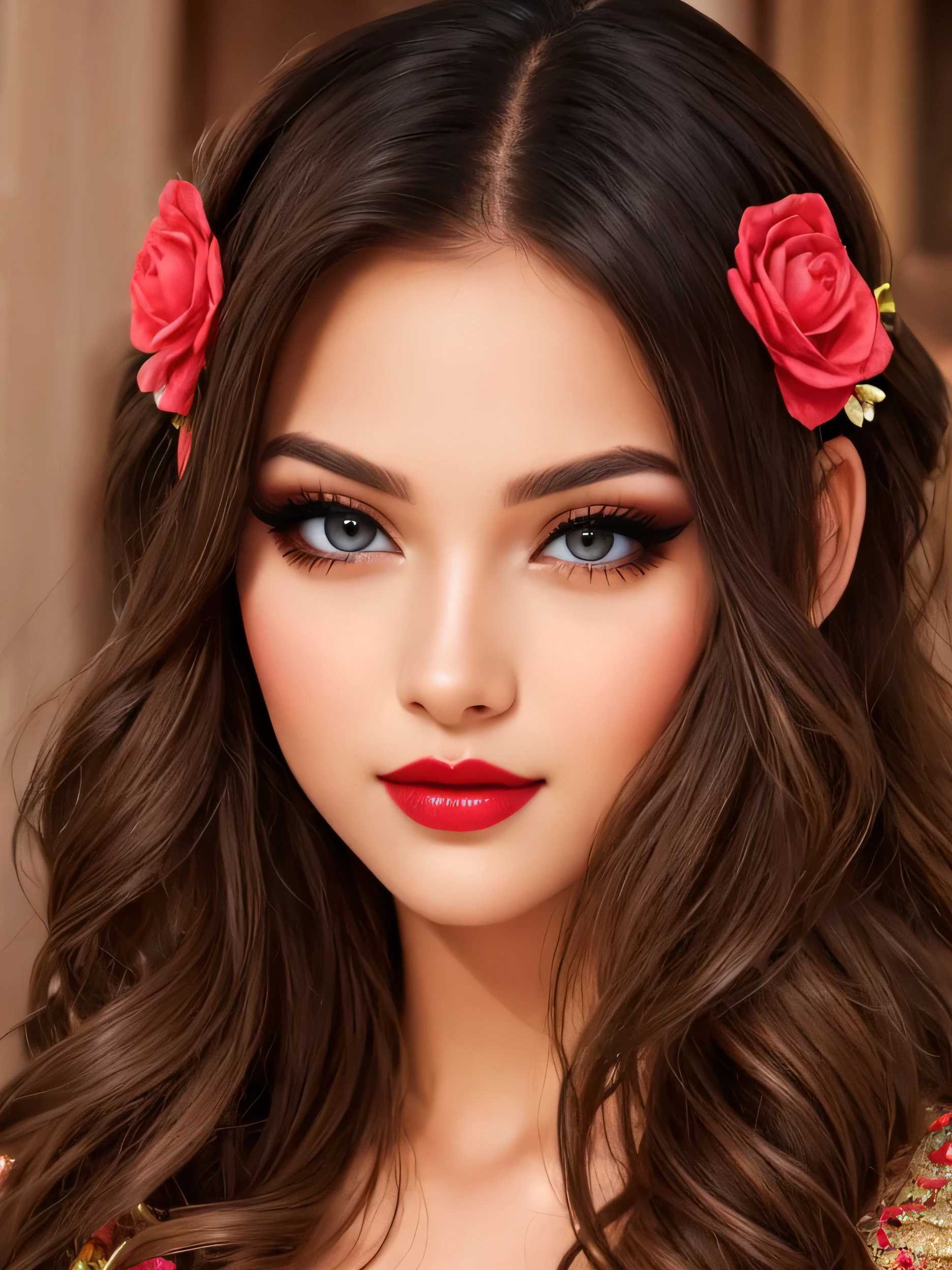 gorgeous young woman's face, she's so cute, so adorable, beautiful detailed eyes, red sensual lips, makeup, masterpiece.