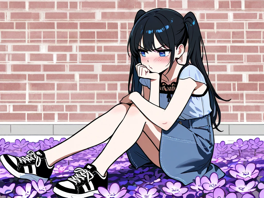 Line drawing, a girl of about , with black hair in twin tails, accentuated corners of the eyes, royal blue eyes, the color of the eyes is below the line drawing, wearing a black lace-trimmed seersucker blouse, a light blue short skirt made of denim, wearing boy's sneakers, looking diagonally away, looking in the direction of the camera, embarrassed, a little angry and pouting, five fingers and two legs, as if the invisible parts are connected properly, sitting on the edge of a flower bed in front of a red brick wall, with her chin resting on her hand,