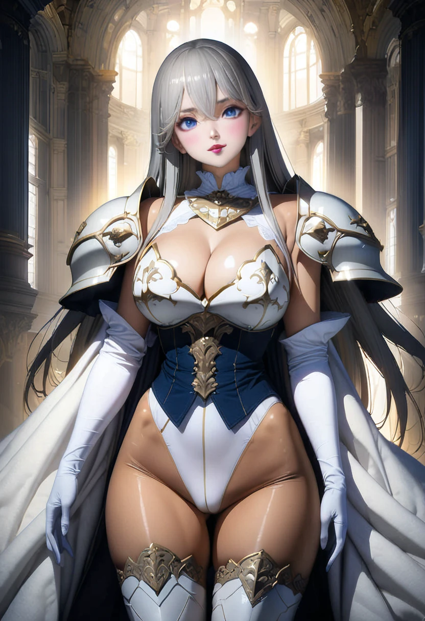 (solo),1lady,anime face,valkyrie,cowboy shot,A beautiful face with perfect makeup,Curvy body,(Vulgar:1.5),((white luxurious and noble royal knight armor high leg leotard)),((corset top layered ball gown dress)),((matte high leg body suit)),((large golden shoulder armor)),(breastplate:1.3),(zettai ryouiki thigh high boots),((pantyhose)),((gray hair long straight hair:1.2)),(layered long cloak),(large breasts:1.3),breast bag,gauntlet,vambrace,Investigator Bodystocking,fitted bodice,parted long bangs,white dress elbow gloves,cleavage,beautiful blue eyes,perfectly accurate hand,perfect fingers,long glove,greeting,The Royal Palace's Great Hall,beautiful lighting,masterpiece,highest quality,8k,Ultra-detailed anime style,(cameltoe:0.8),cleavage,