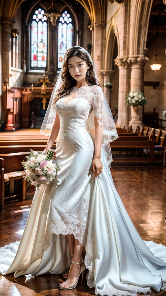 Ashleigh Emmalee, very young, beautiful, 8k, 17 years old, (1girl:1.2), whole body, far angle camera, wear fashionable lace wedding dress: 0.75, different design weeding dress, nude:1.5, , in a church, elegant poses, dynamic shot, masterpiece, best quality, ultra-detailed, ultra realistic:1.5, photorealistic:1.5 , analog style, bokeh, skin pores, (skin texture), (film grain:1.3), (warm hue, warm tone:1.2), cinematic light, sidelighting, ultra high res, best shadow, RAW, upper body, photoshoot by DSLR, Fujifilm XT3, medium full shot