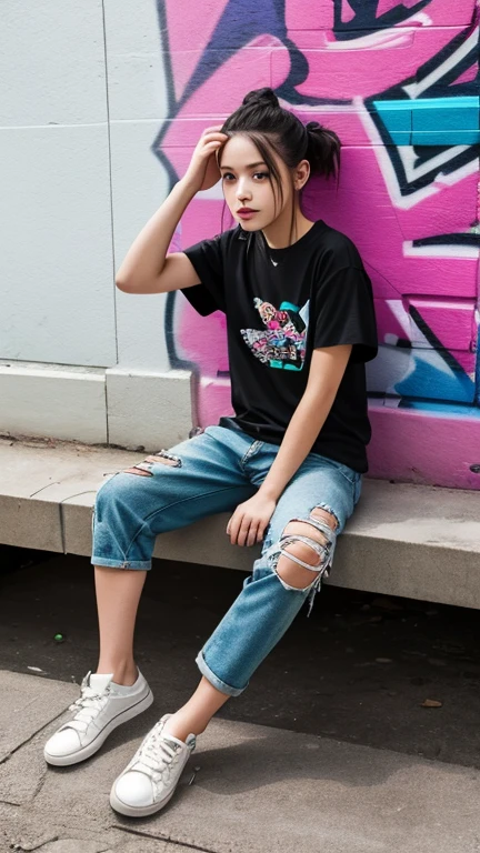 (Best quality, 8k, 32k, Masterpiece, UHD:1.2),Photo of Pretty Japanese woman,1gril,black short hair,l(eaning forward:1.2),squatting,(from above:1.ov, (loose t-shirt:1.1),(denim shorts:0.8),lace bra,necklace,small breasts,outdoors, sneakers,