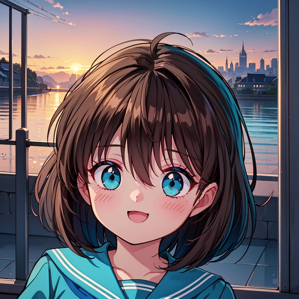 ( Best Quality、8k、masterpiece))、(( 1 girl))、((cute))、 big smile、 blushes her cheeks 、 opening mouth、 brown hair、 short bob hair、 super detailed face、Ultra-detailed eyes、(( Teal Eyelids))、Ultra detailed hair、 short sleeve shiny dark sailor suit、 blue sailor color、 pretty riverbed 、beautiful sunset 