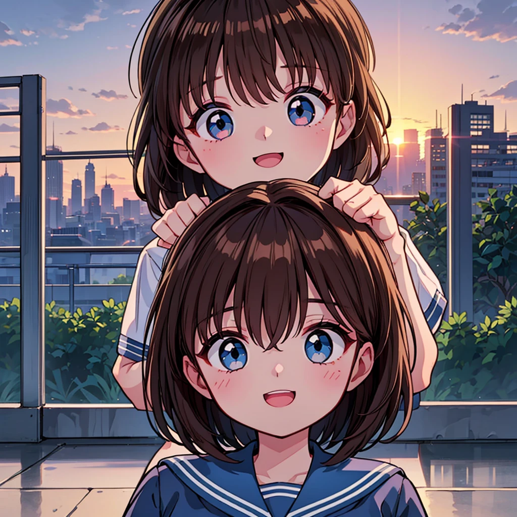 ( Best Quality、8k、masterpiece))、(( 1 girl))、((cute))、 big smile、 blushes her cheeks 、 opening mouth、 brown hair、 short bob hair、 super detailed face、Ultra-detailed eyes、Ultra detailed hair、 short sleeve shiny dark sailor suit、 blue sailor color、 pretty riverbed 、beautiful sunset 