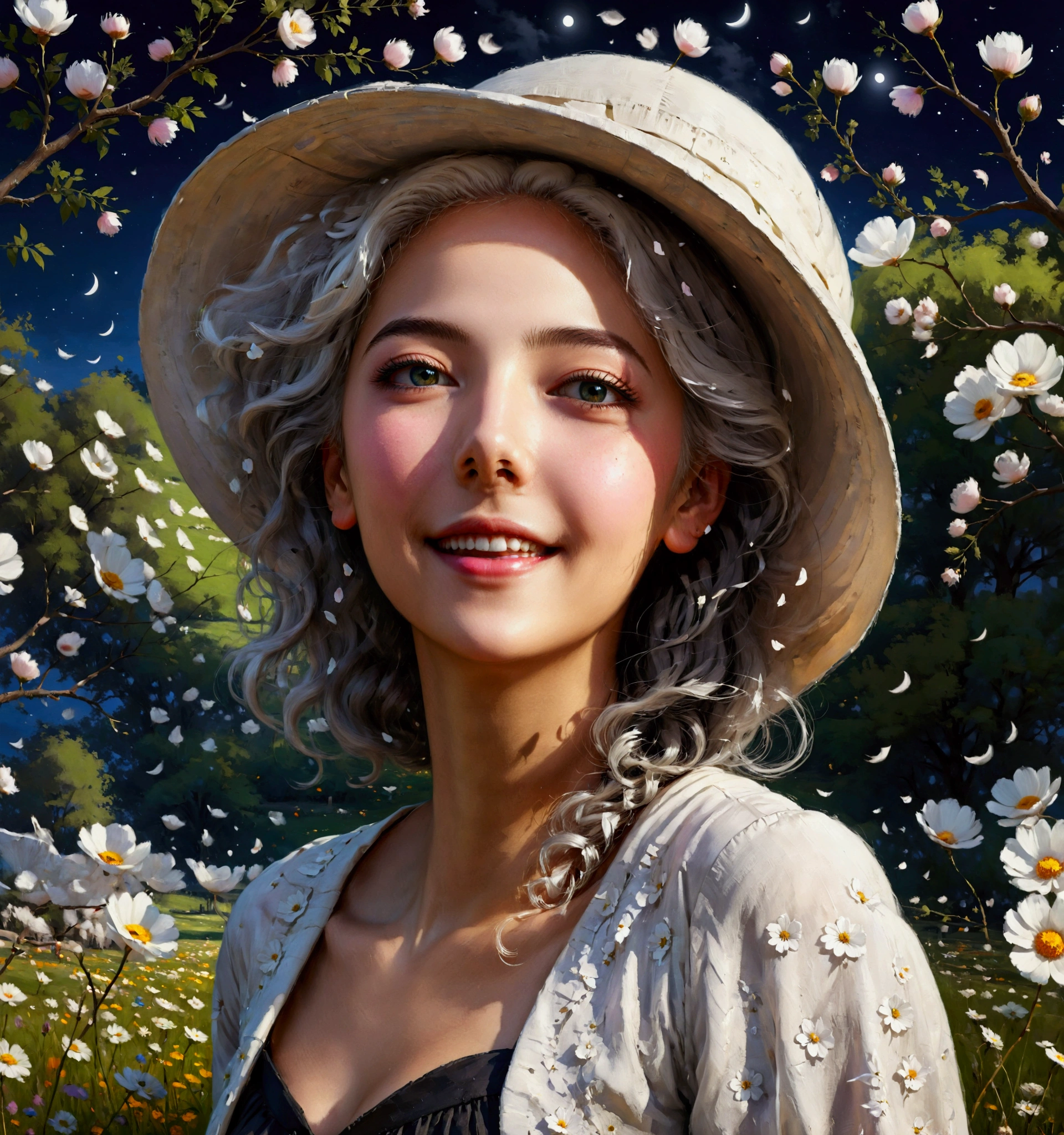 masterpiece,  best quality, 1 Girl, ( Colourful ),( A beautifully detailed eye and detailed face),cinematic Lighting,bust, extremely detailed CG unity 8k wallpaper,White hair, unique , Smile,Complex skirt,((Flying petals)),( blooming meadows) Sky, partly cloudy_Sky, architecture, moonLight, moon, night, (DARK THEME :1.3), Light, fantasy,