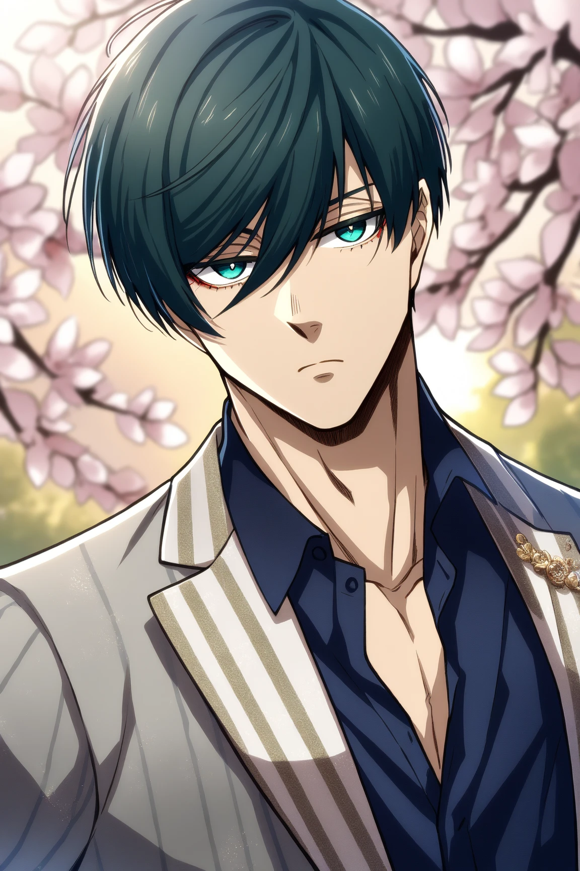 1boy, itoshi rin, Blue Lock, closed mouth, extremely detailed face and eyes, teal eyes, underlashes, dark green hair, short hair, solo, sexy man, handsome, Japanese Male Fashion, spring fashion, (masterpiece, best quality, HDR, absurd resolution, high resolution, ultra detailed)