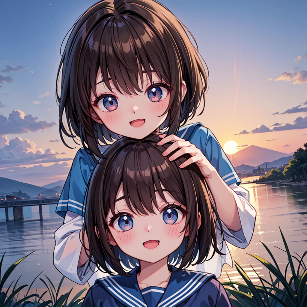 ( Best Quality、8k、masterpiece))、(( 1 girl))、((cute))、 big smile、 blushes her cheeks 、 opening mouth、 brown hair、 short bob hair、 super detailed face、Ultra-detailed eyes、Ultra detailed hair、 short sleeve shiny dark sailor suit、 blue sailor color、 pretty riverbed 、beautiful sunset 