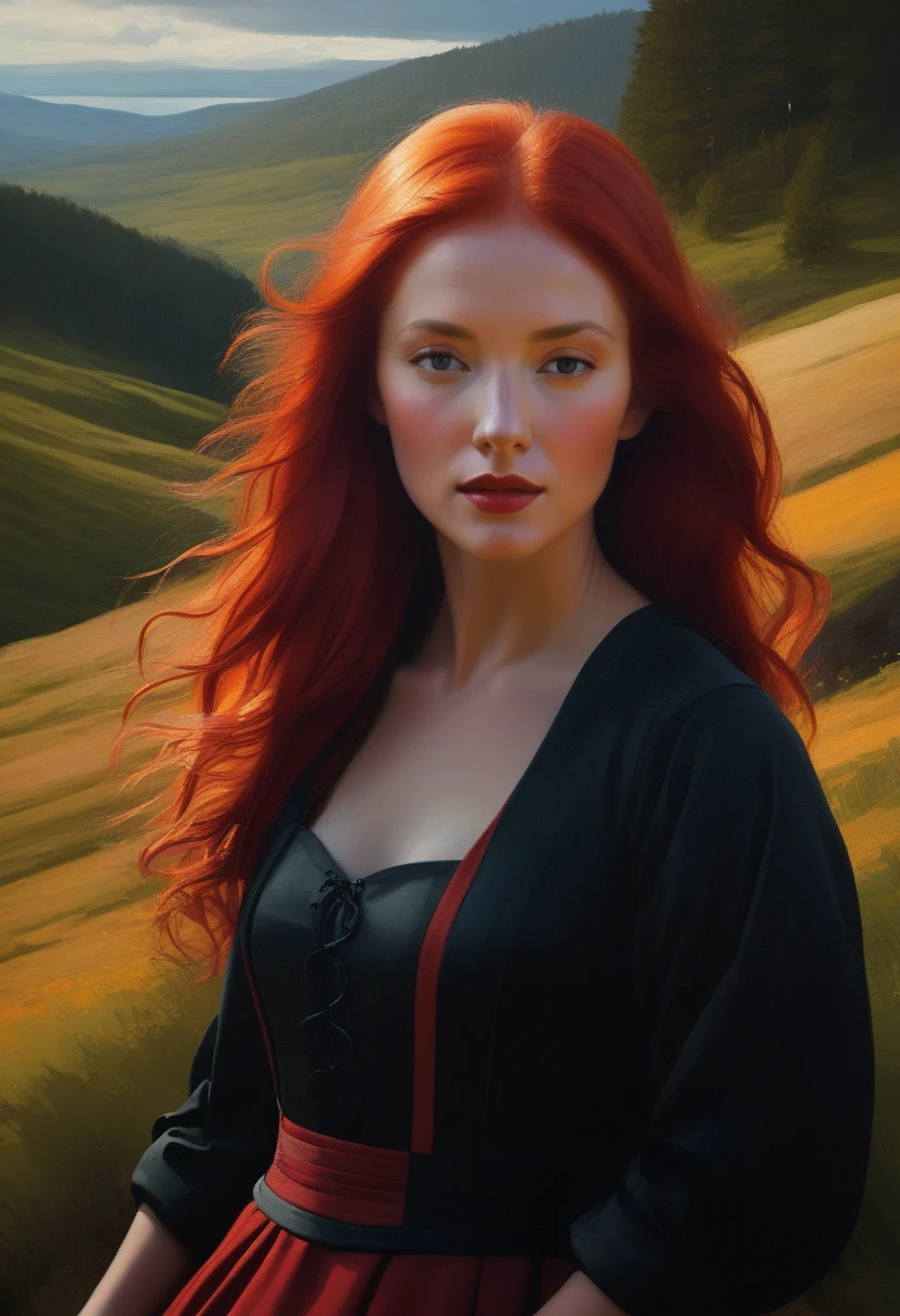 Painting "Red-haired woman in a landscape", beautiful digital painting, beautiful digital painting, Galen Dara, red-haired woman, Stunning digital painting, inspired by Vincent Lefevre, rhads and lois van baarle, Digital oil painting, Author: Mads Mountain, Digital oil painting, portrait of a red-haired girl, by Igor Grabar