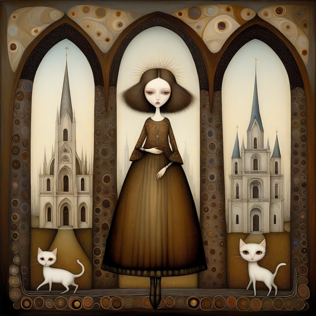 Patchwork by Klimt, Nicoletta Ceccoli, Naoto Hattori, Catrin Welz-Stein, Leonora Carrington of wide shot of Woman, long brown hair, sweet biscuit-colored eyes, long dress with intricate geometric patterns, dances lightly with her cat in the background a large Gothic cathedral, structures built of stone combined with large expanses of glass, clustered columns, pointed spires, large arches, intricate decoration, vaulted ceilings and rampant arches.
