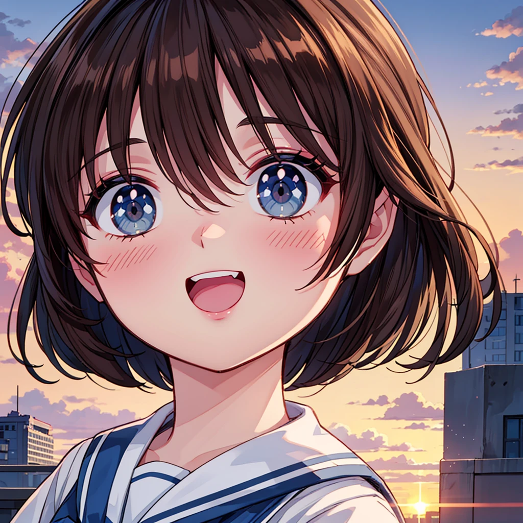 best quality, 8k, masterpiece, 1girl, cute, smiling face, blushing cheeks, open mouth, brown hair, short bob haircut, extremely detailed face, extremely detailed eyes, extremely detailed hair, glossy navy blue sailor uniform, beautiful river bank, beautiful sunset