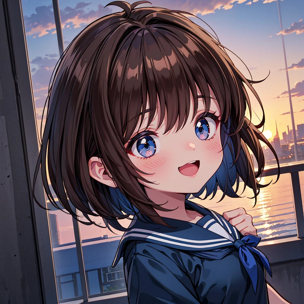 ( Best Quality、8k、masterpiece))、(( 1 girl))、((cute))、 big smile、 blushes her cheeks 、 opening mouth、 brown hair、 short bob hair、 super detailed face、Ultra-detailed eyes、Ultra detailed hair、 short sleeve shiny dark sailor suit、 blue sailor color、 pretty riverbed 、beautiful sunset 