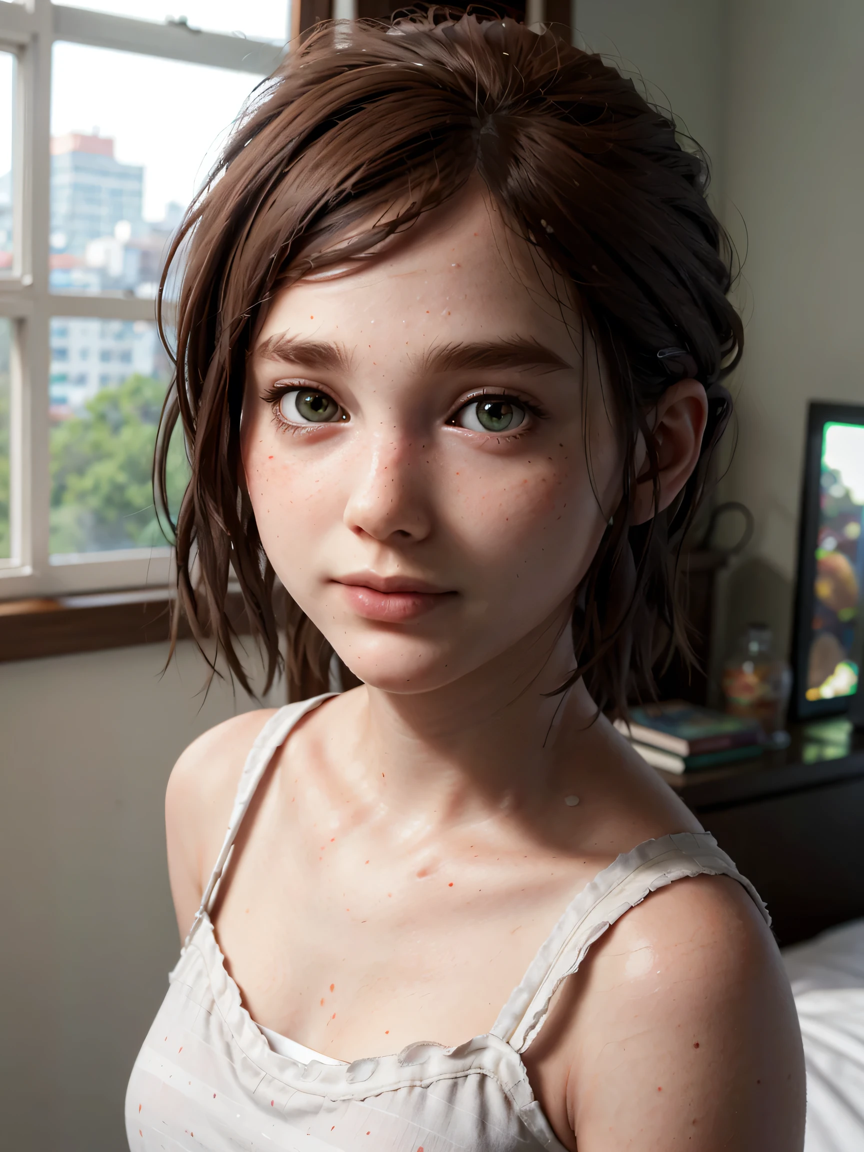 A stunning and intricate full color Ultra-HD portrait, a girl, short brown hair, green eyes, detailed face, ((detailed face:1.5)), ((cute face:1.3)),((flat chiest:1.5)),Pure white camisole, in a bedroom with a window. no plants, epic character composition, alessio albi, nina masic, sharp focus, natural lighting. , subsurface dispersion, f2, 35mm,