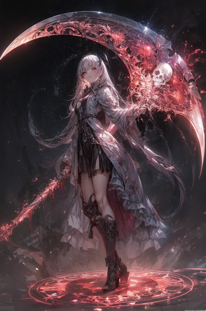 she has a large scythe that is twice the size of his body. Anime illustration of a girl. The sickle has a complicated pattern. Skull accessories. dynamic angle. minimalist background. Octane rendering. Masterpiece, highest quality, highly detailed CG Unity 8k wallpaper, fantasy girl,anime,Sparkle Glowing,Manga Anime