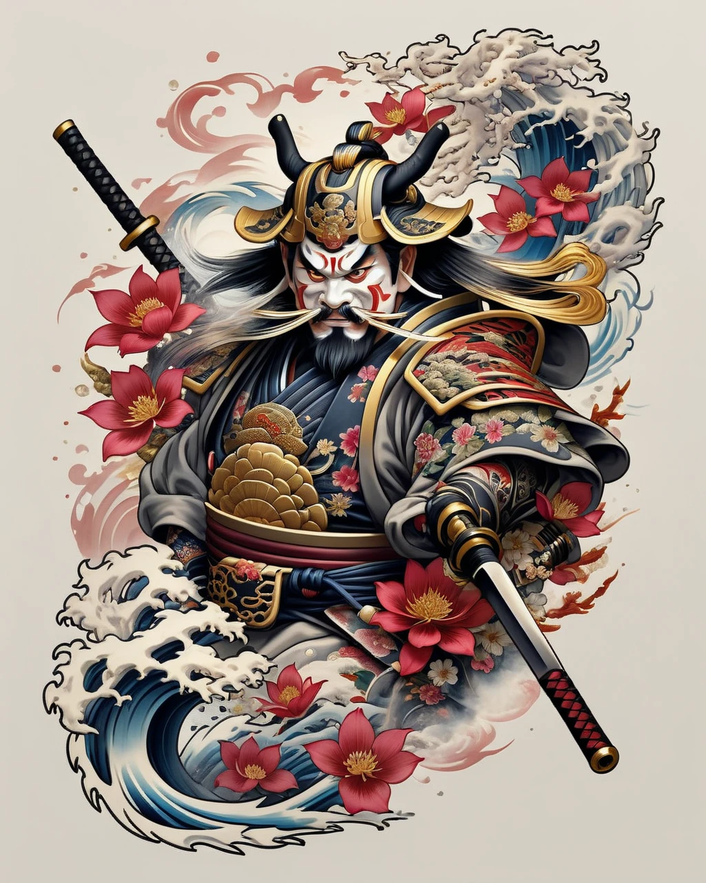  a traditional Japanese tattoo design, samurai, neo Japanese style , sticker art, pale colors , Highly Detailed, intricate, dynamic, flowing, elegant, dramatic, vibrant,  awesome, bold, majestoso, powerful, mystic, espiritual,  ornate , Textured, ( Best Quality ,4K,8k, highres icon,  masterpiece :1.2), belt,(realistic,photorealistic,photo-realistic:1.37)