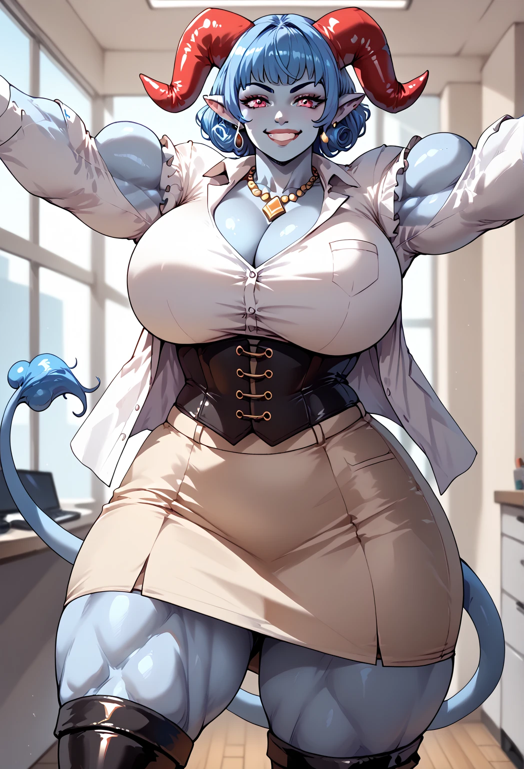 Jester, a gorgeous bulky muscular ((blue-skin:1.3)) tiefling woman with short blue hair, necklace, white office shirt, sexy, sultry, alluring , large breasts, cleavage, curled horns, leather boots, black  corset, long beige skirt, huge muscles, huge biceps, cloven tail, mischievous grin,  
(kabedon on viewer) 