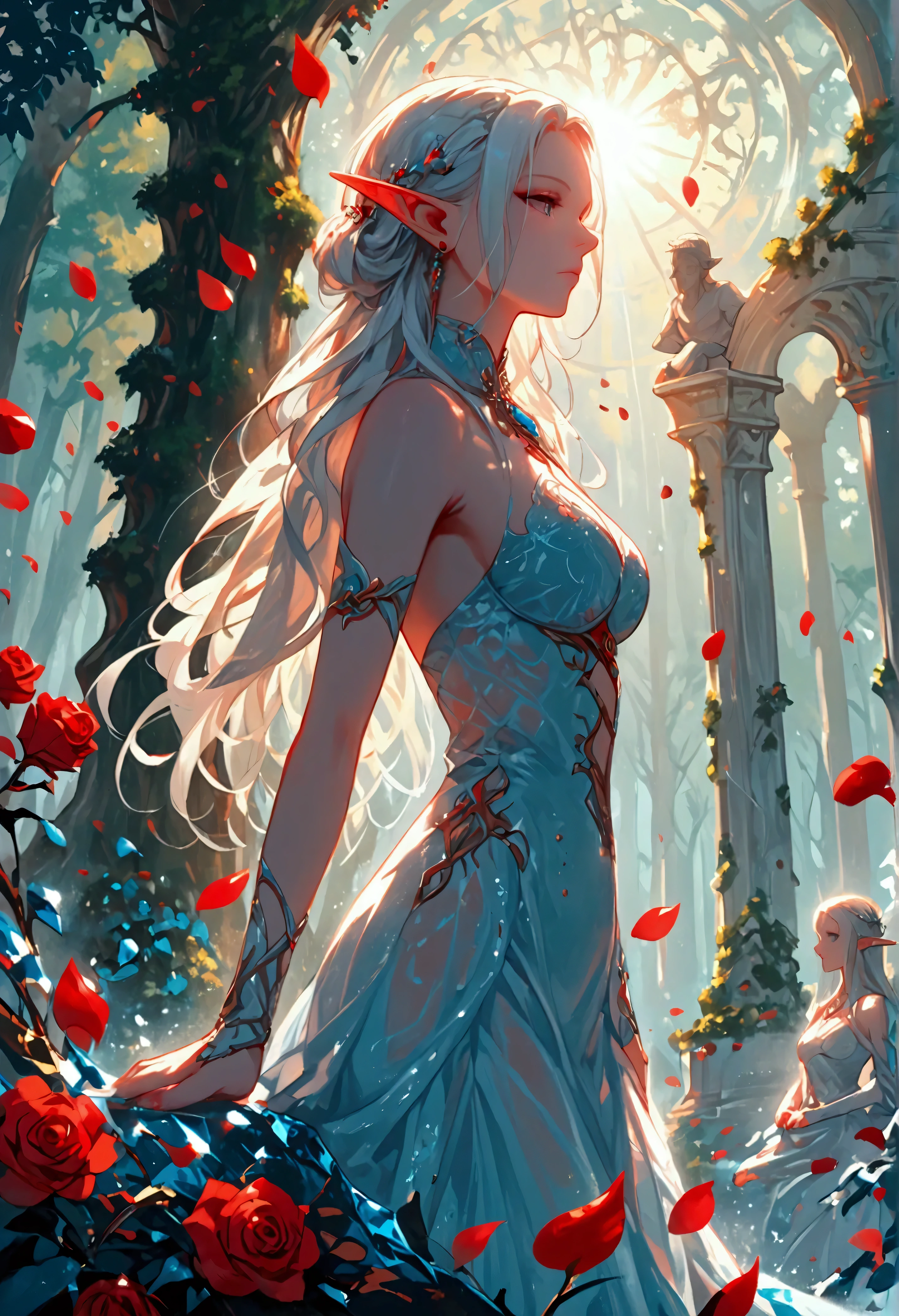 score_9, score_8_up, score_7_up, score_6_up, score_5_up, score_4_up, anime comic illustration fantasy art, (red petals: 1.3) falling from the sky on an ice statue of an a beautiful female elf standing in forest, cloud of red petals swirling around the ice statue, full body statue made from ice, beautiful elf, long icy hair strands, wearing icy dress, epic flowing (red petals: 1.3), swirling rose petals, fantasy forest background, it is dawn the sun rays reflect on the ice statue, sun rays hit the rose petals, ((high contrast: 1.5), [[anatomically correct]], high details, best quality, 8k, [ultra detailed], masterpiece, best quality, (extremely detailed), dynamic angle, intricate details