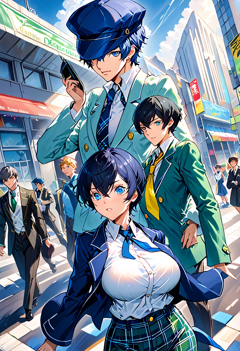 Naoto Shirogane, Persona 4, short blue hair, blue eyes, 46GG, blue cabbie hat, blue high-collared men's jacket, white long-sleeved shirt, blue ribbon necktie, green plaid pants, huge breasts, naotodetective, cabbie hat, blue coat, buttons, neck ribbon, long sleeves, green pants, plaid