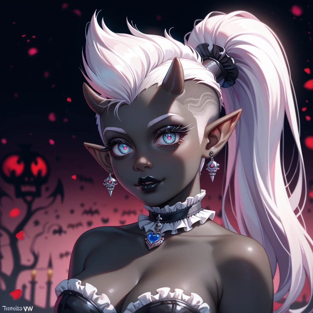 score_9, score_8_up, score_7_up, ((Masterpiece)), ((highres)), ((1girl, solo)), Random poses, beautifully detailed succubus girl, ((white mohawk w/ponytail)), defined elf ears with ear guages, defined eyes, pastel iris, long eye lashes, defined nose, black lipstick, curvy, (((Black skin))), black demon horns, breasts, night sky, pastel gothic style, gothic style art, gothic asthetic, (((gothic horror background))), bust shot, thanksgiving theme